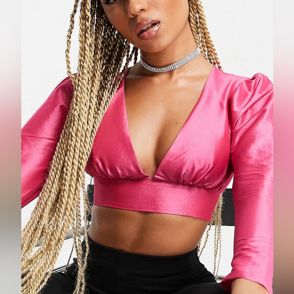 ASOS - Collective the label exclusive puff sleeve plunge taffeta top in pink